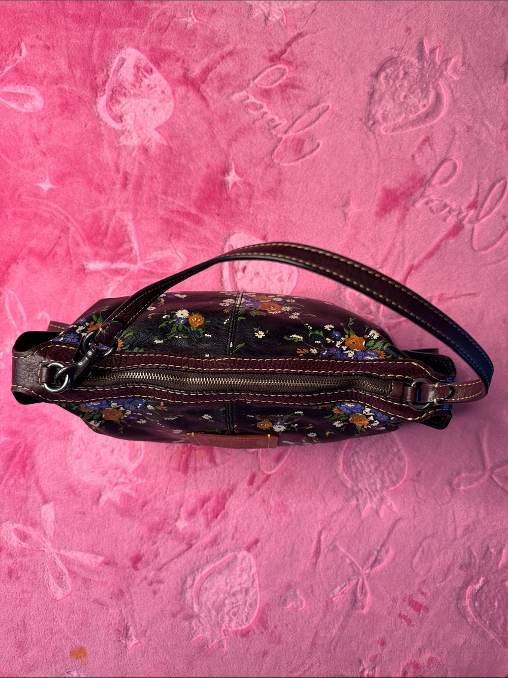Coach Navy Floral Leather Satchel Pebbled Brown Trim Gunmetal Hardware - Picture 9 of 10